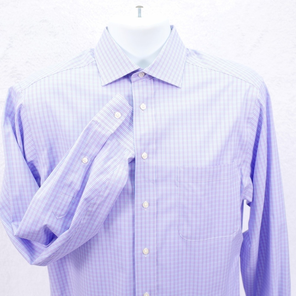 Jos A Bank Traveler Travel Tech Blue Purple White Plaid‎ -15.5-35- Dress Shirt